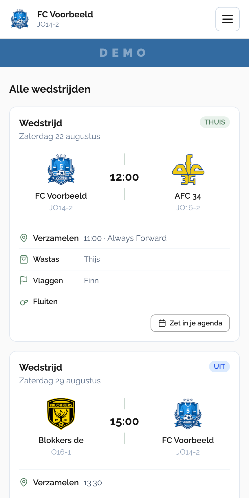 De publieke teampagina van FC Voorbeeld JO14-2 op de telefoon